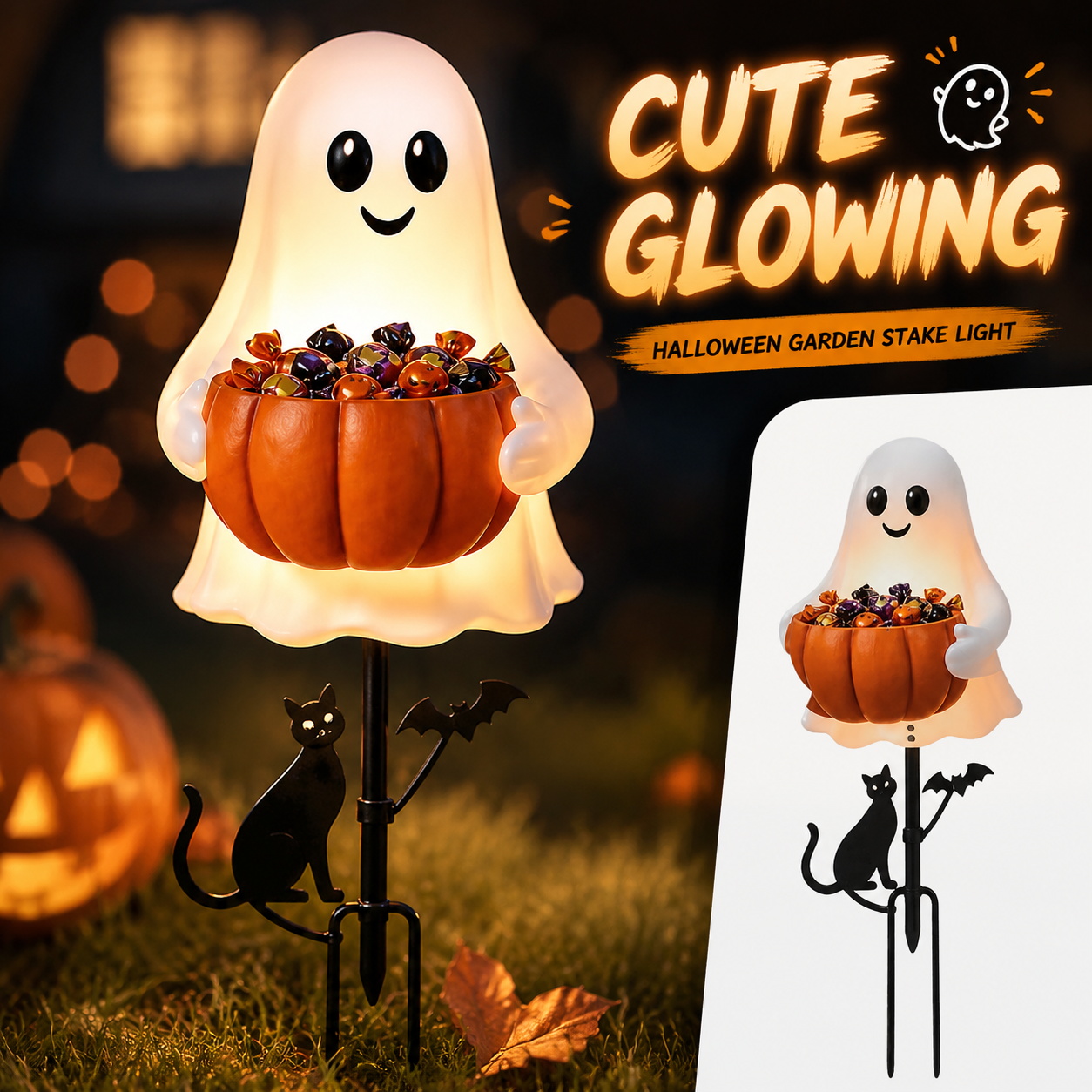 Outdoor Lighting Effects - ハロウィンゴーストキャンディホルダー装飾ライト LED屋外ゴーストデコレーション 広場や庭用の光るパンプキンキャンディボウル