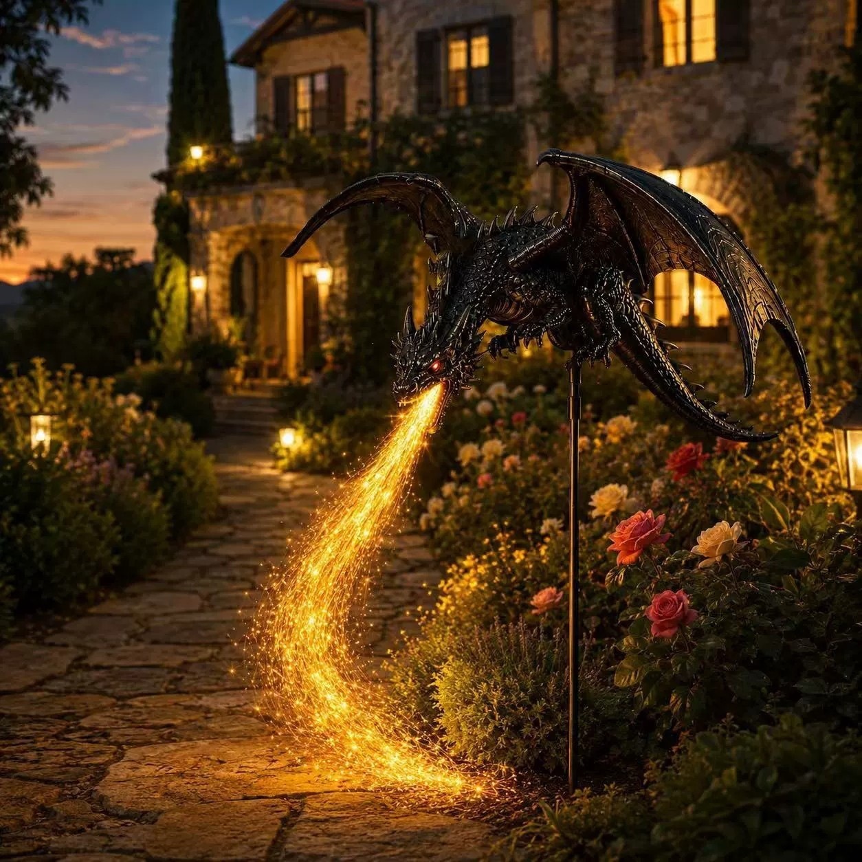 Outdoor Lighting Pathway - ソーラードラゴン・ファイアガーデンライト。太陽光発電式のドラゴンの置物型ライトで、屋外の芝生や通路を彩る、樹脂製の装飾ライト。